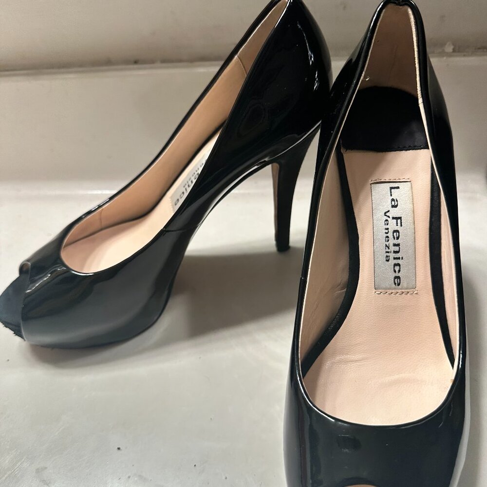 La Fenice Italian Patent Leather Peep Toe Stilettos Size 7